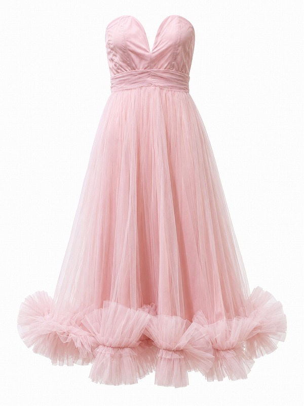 【新品DRESS 4331】裾ボリュームフリルチュールベアトップミモレ丈フレアロングドレス ピンク【LACE＆BEADS】